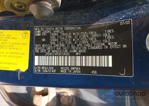 2003 Toyota Highlander Limited V6 from USA, damaged, VIN JTEHF21A930154002